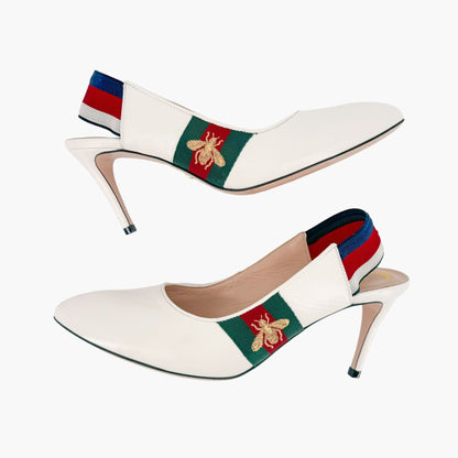 Gucci Sylvie Bee Embroidered Slingback Pumps in White Leather Size 37.5