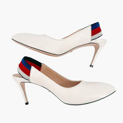 Gucci Sylvie Bee Embroidered Slingback Pumps in White Leather Size 37.5