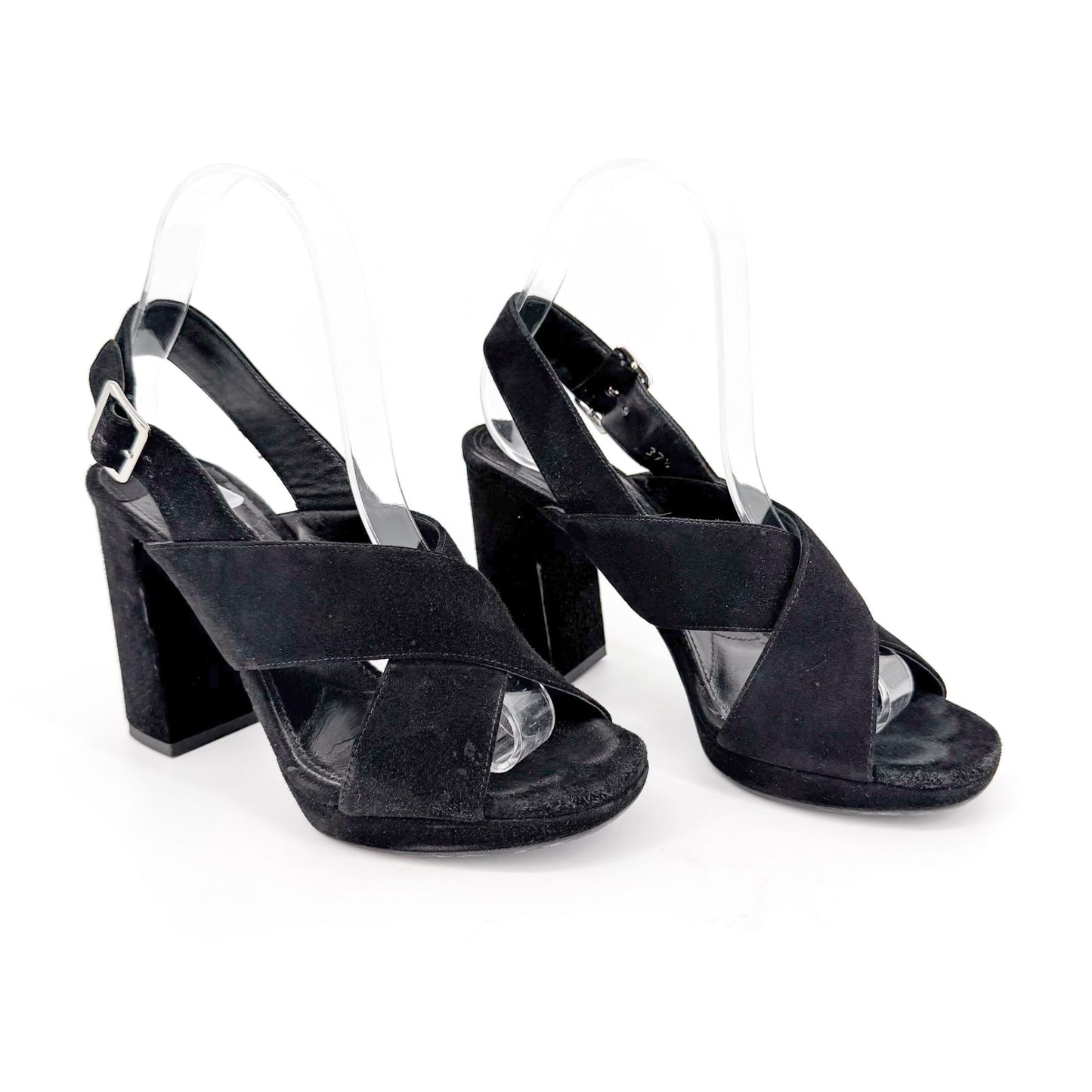 Prada Cross Strap Platform Sandals Black Suede Size 37.5