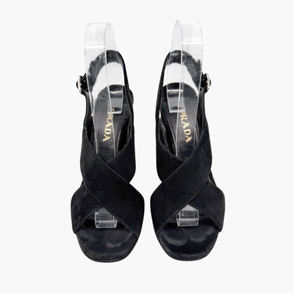 Prada Cross Strap Platform Sandals Black Suede Size 37.5