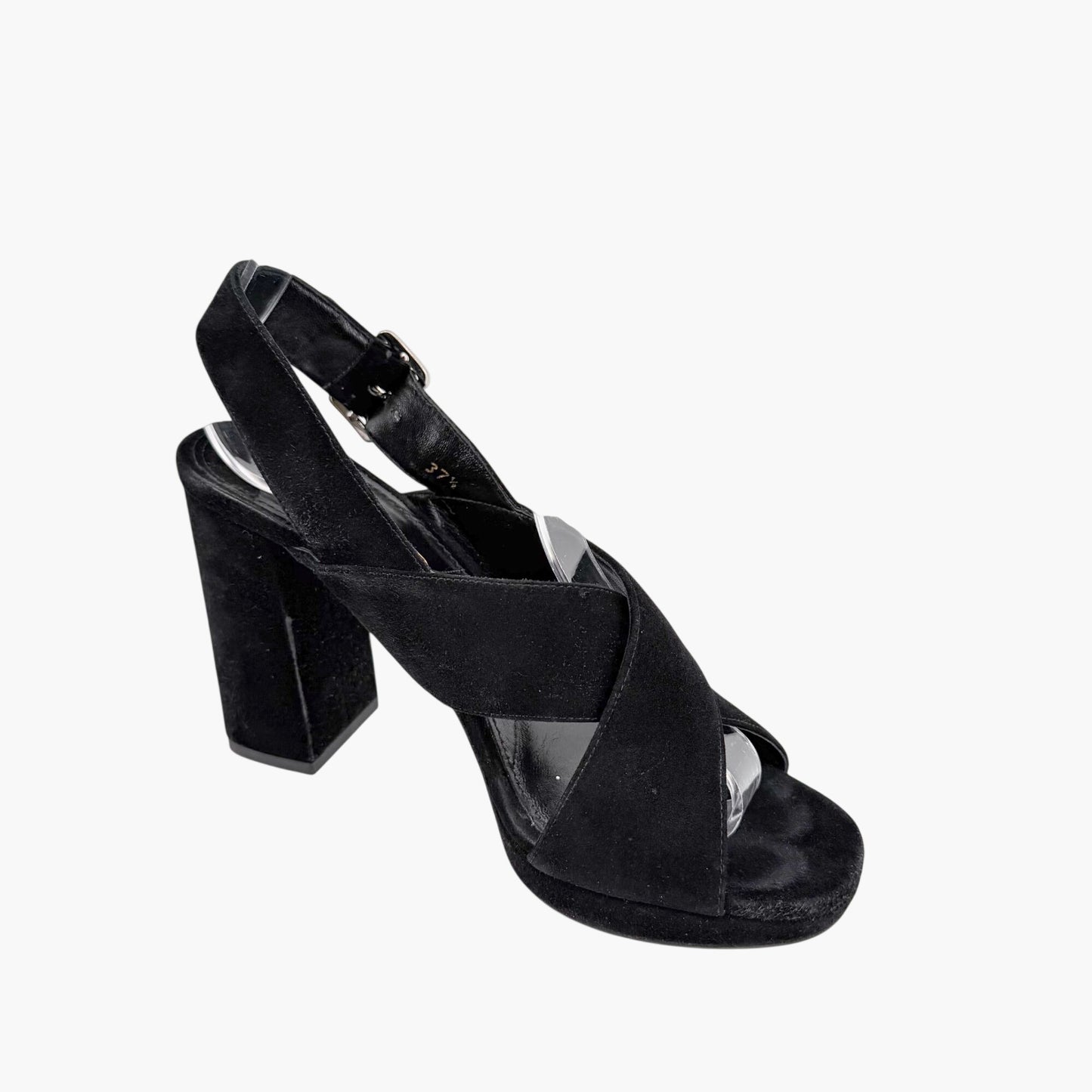 Prada Cross Strap Platform Sandals Black Suede Size 37.5