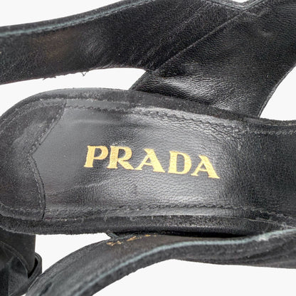 Prada Cross Strap Platform Sandals Black Suede Size 37.5