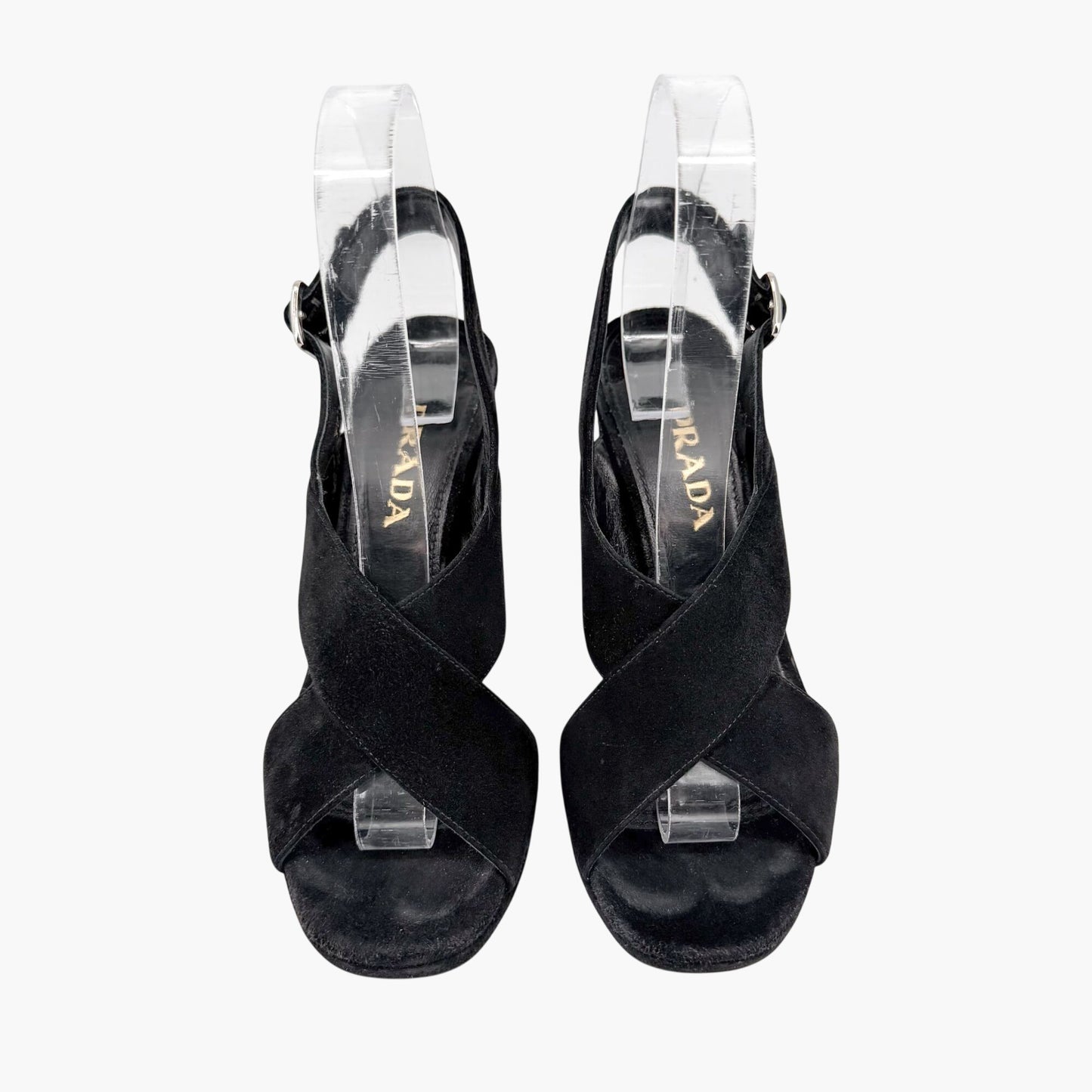 Prada Cross Strap Platform Sandals Black Suede Size 37.5