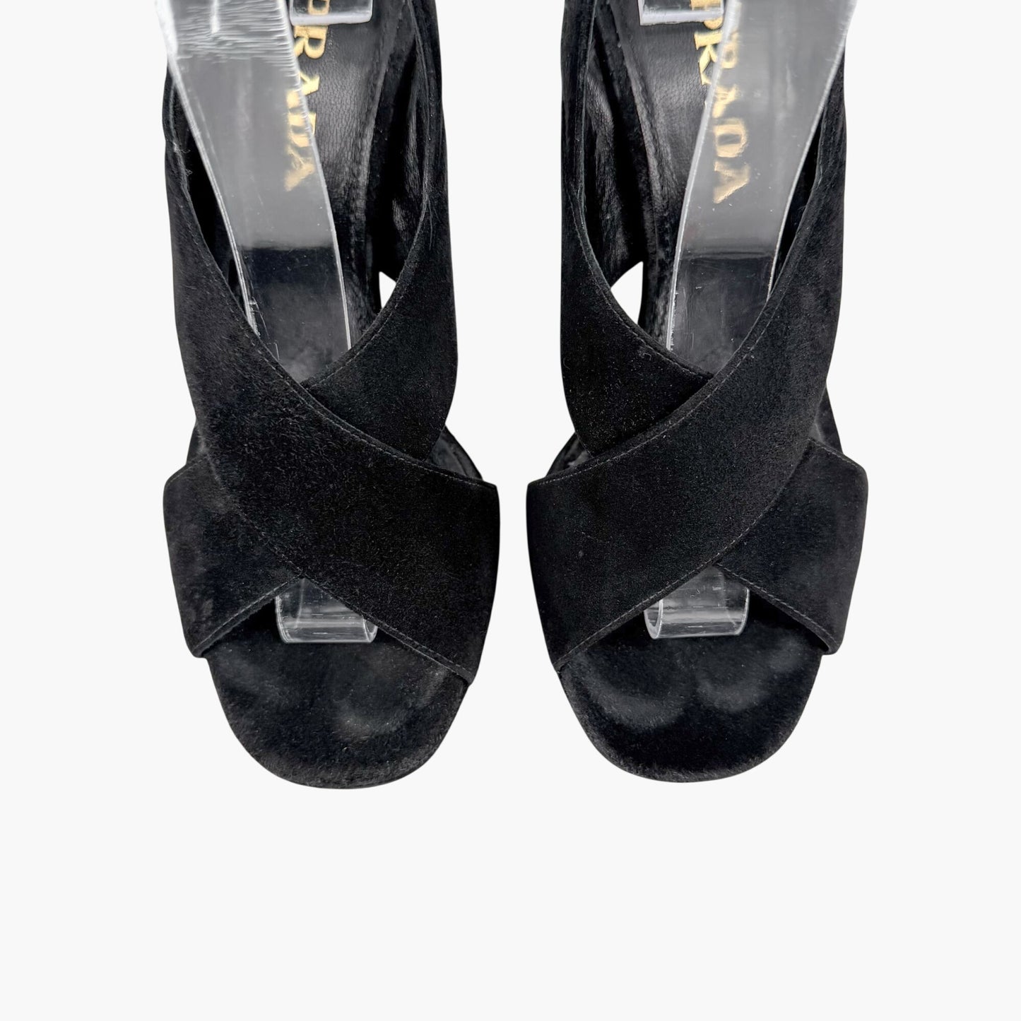 Prada Cross Strap Platform Sandals Black Suede Size 37.5