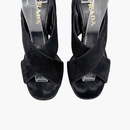 Prada Cross Strap Platform Sandals Black Suede Size 37.5