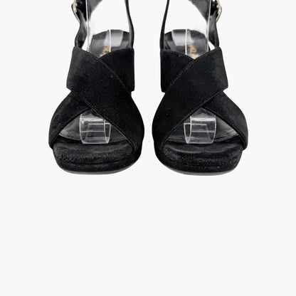 Prada Cross Strap Platform Sandals Black Suede Size 37.5