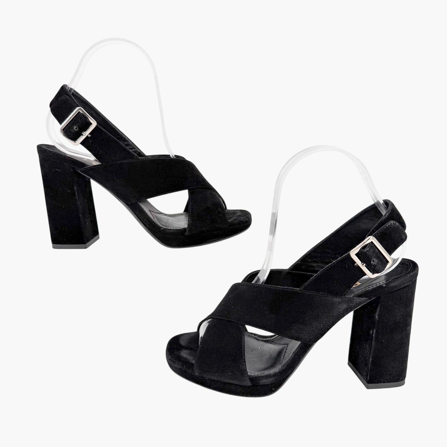 Prada Cross Strap Platform Sandals Black Suede Size 37.5