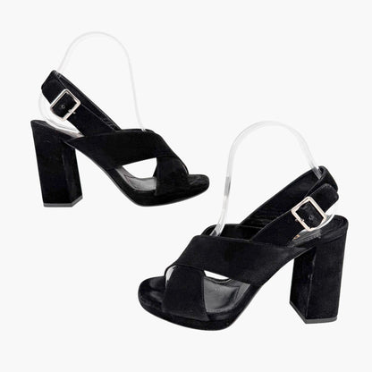 Prada Cross Strap Platform Sandals Black Suede Size 37.5