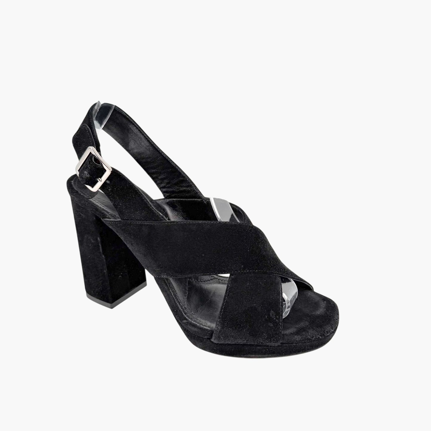 Prada Cross Strap Platform Sandals Black Suede Size 37.5