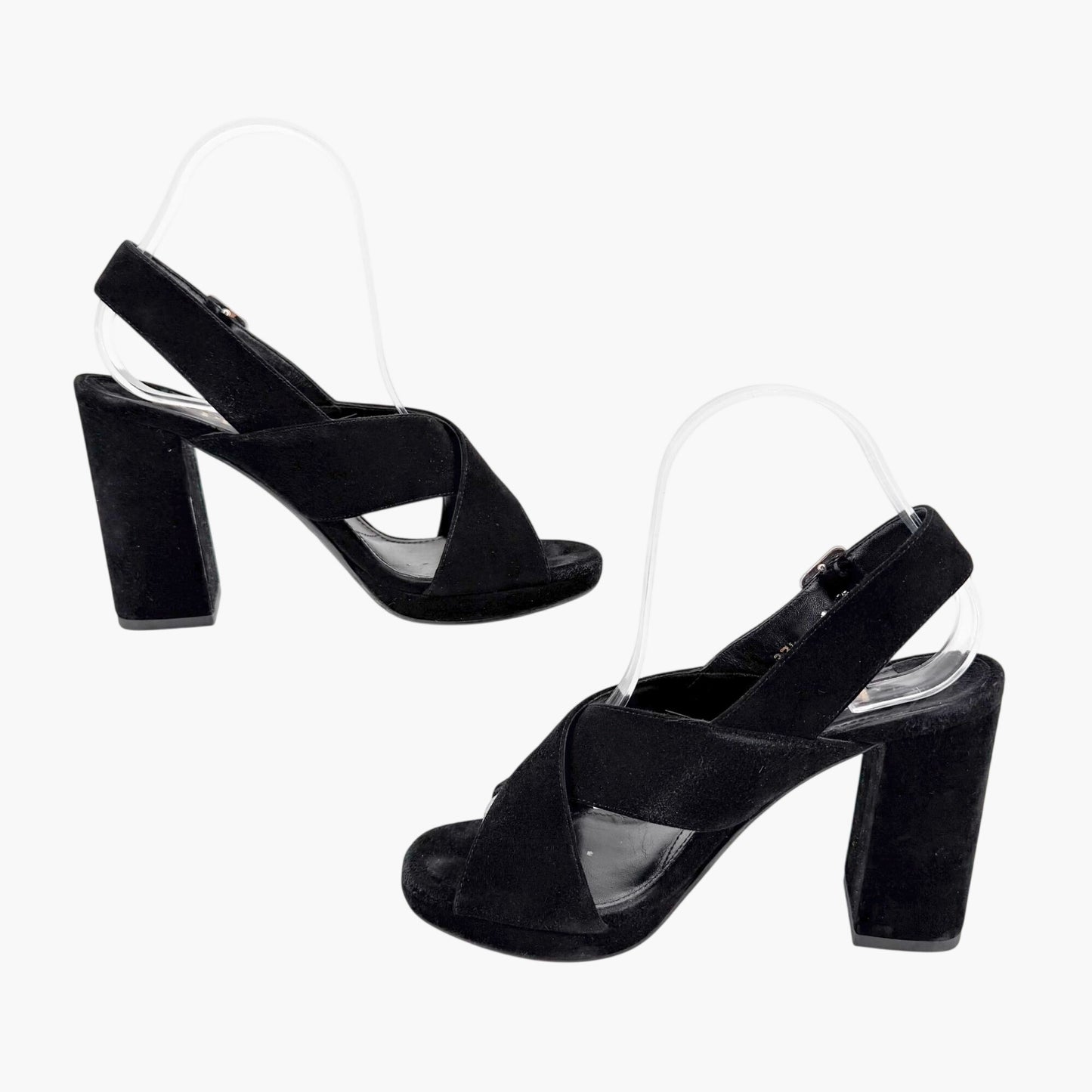 Prada Cross Strap Platform Sandals Black Suede Size 37.5