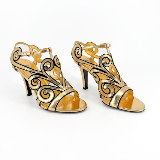 Prada Baroque Caged Sandals in Metallic Gold Leather Size 37.5