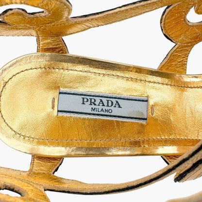 Prada Baroque Caged Sandals in Metallic Gold Leather Size 37.5