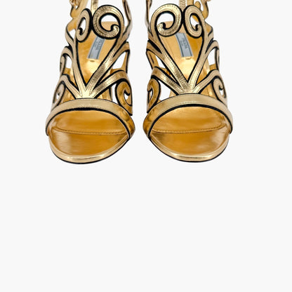 Prada Baroque Caged Sandals in Metallic Gold Leather Size 37.5