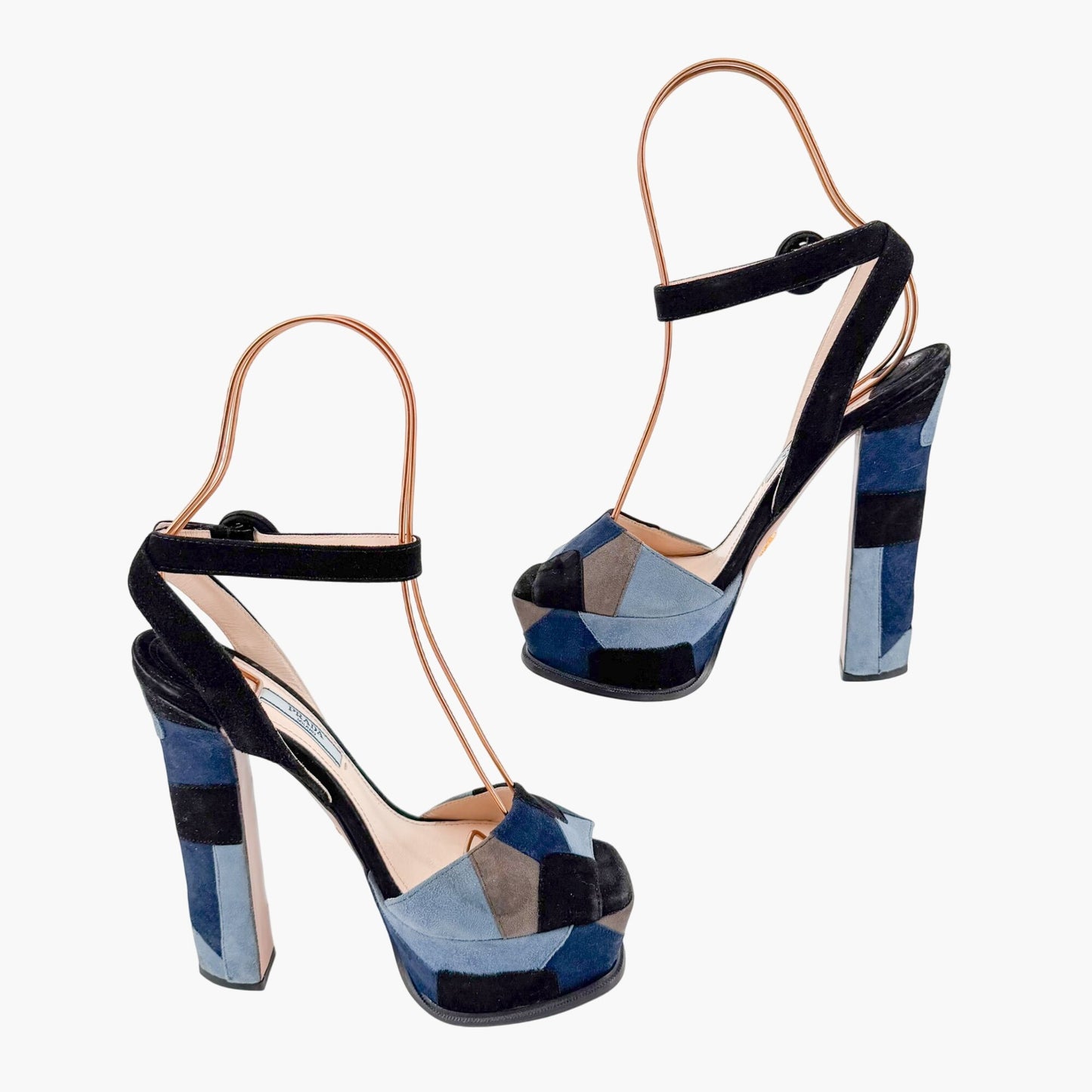 Prada Patchwork Platform Sandals in Blue & Black Suede Size 37