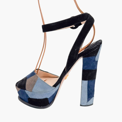 Prada Patchwork Platform Sandals in Blue & Black Suede Size 37