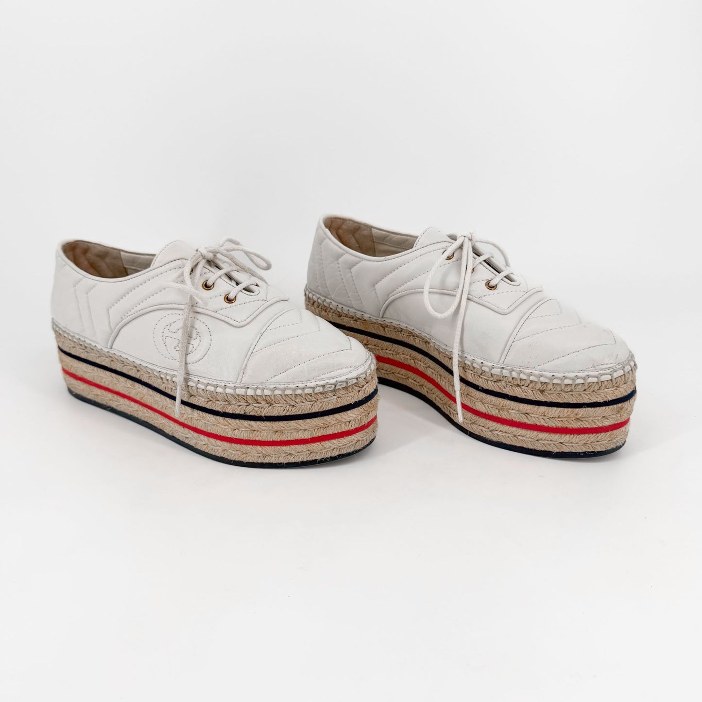 Gucci Pilar White Leather GG Platform Espadrilles Size 37