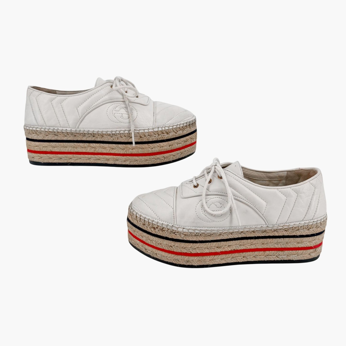 Gucci Pilar White Leather GG Platform Espadrilles Size 37