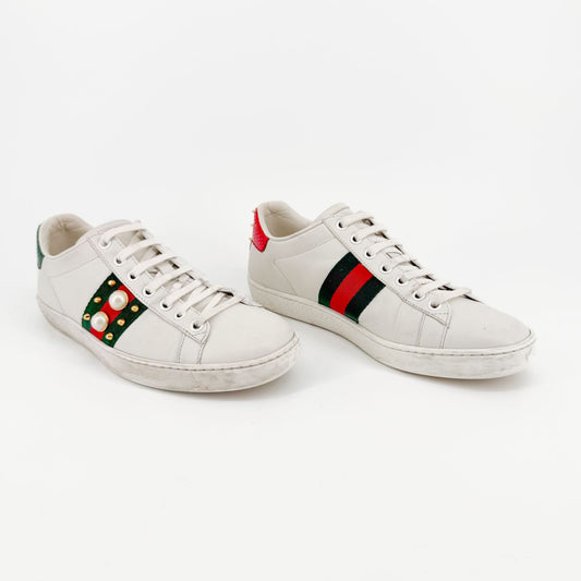 Gucci Ace Pearl & Spike Sneakers in White Leather Size 36.5