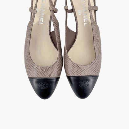 Chanel CC Cap Toe Slingback Pumps in Taupe & Black Leather – Size 38