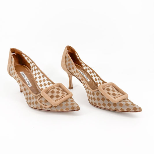 Manolo Blahnik Maysale Buckle Pumps in Beige Checkered Mesh Size 38