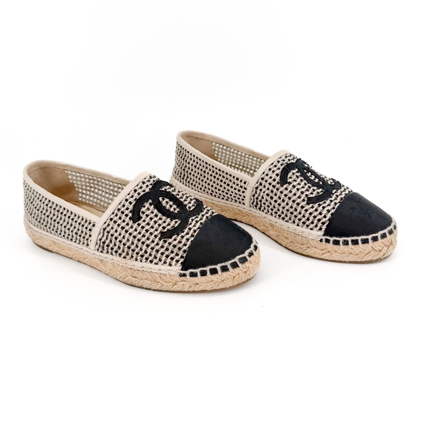 Chanel CC Cap Toe Woven Espadrilles Beige Size 37