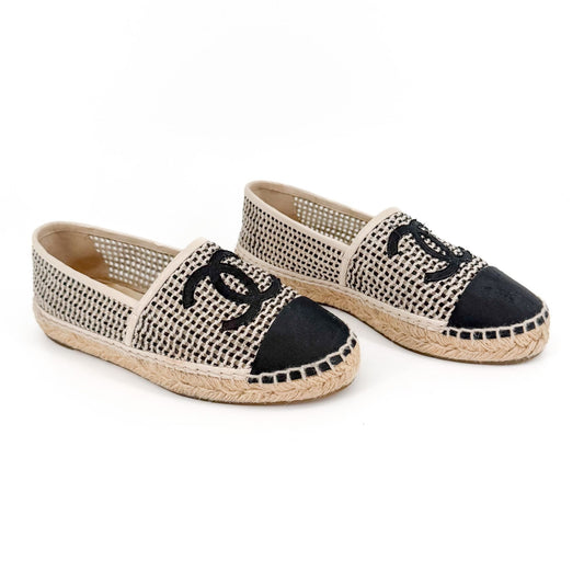Chanel CC Cap Toe Woven Espadrilles Beige Size 37