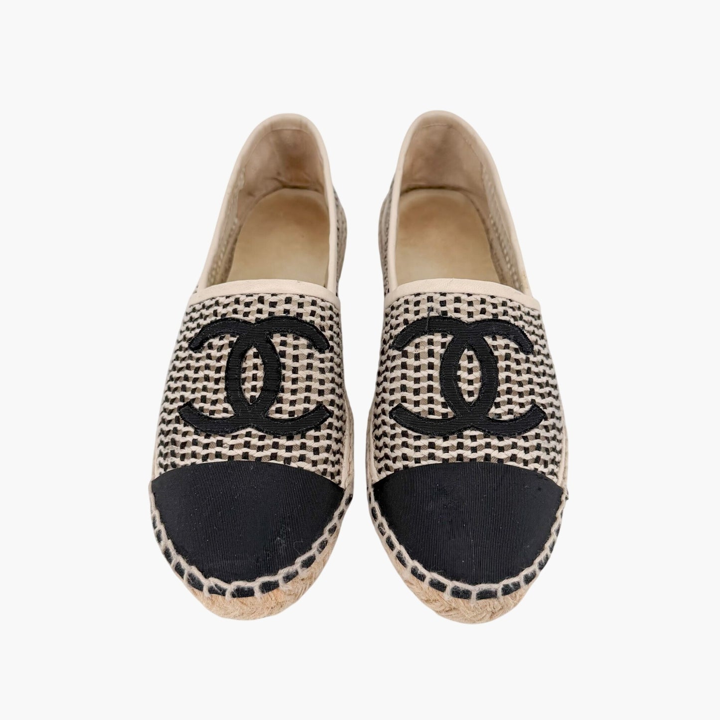 Chanel CC Cap Toe Woven Espadrilles Beige Size 37