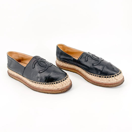 Chanel Platform CC Espadrille Flats in Black Leather – Size 39
