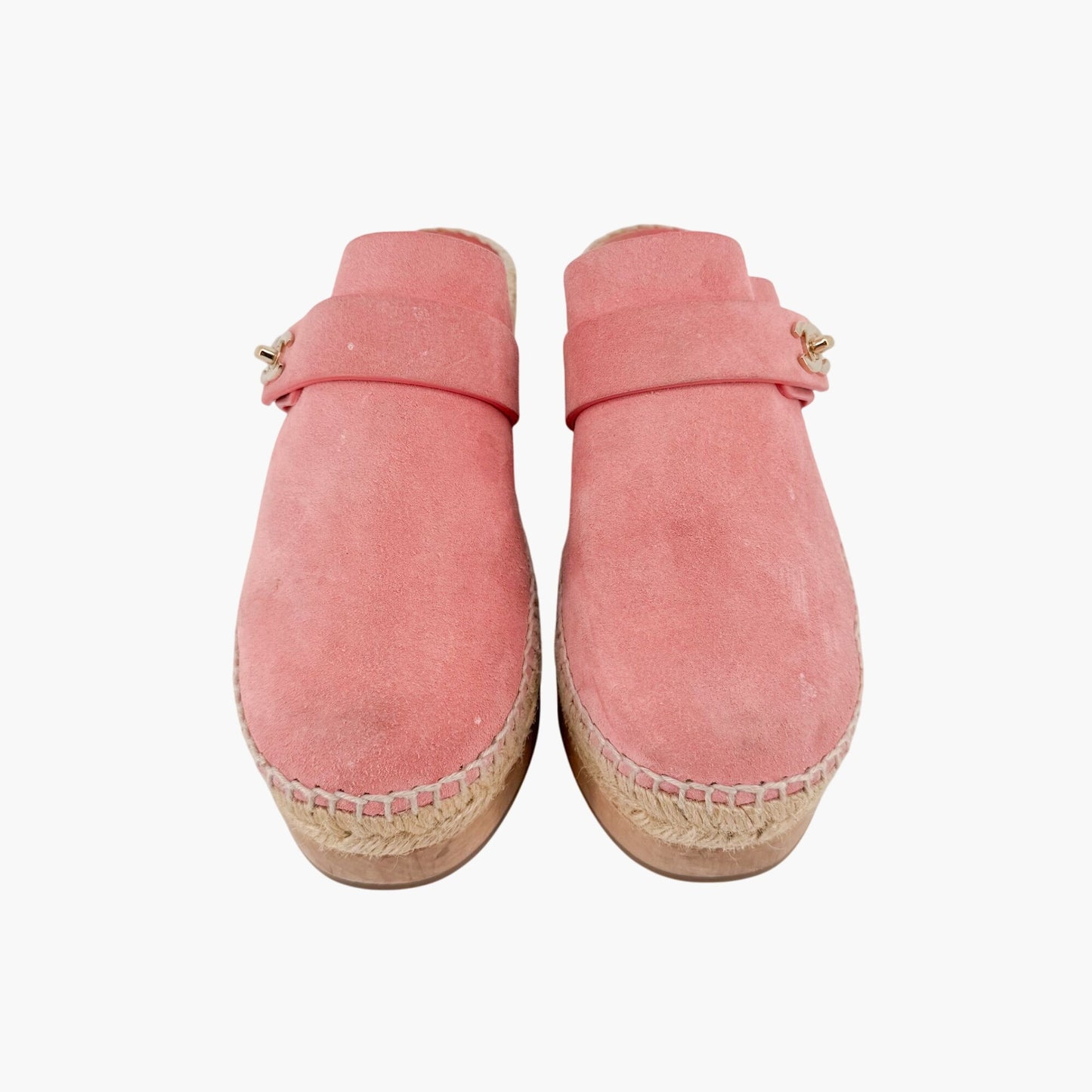 Chanel Turnlock CC Espadrille Clog Mules in Pink Suede Size 37
