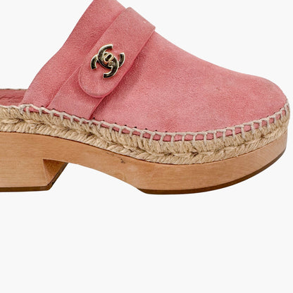 Chanel Turnlock CC Espadrille Clog Mules in Pink Suede Size 37