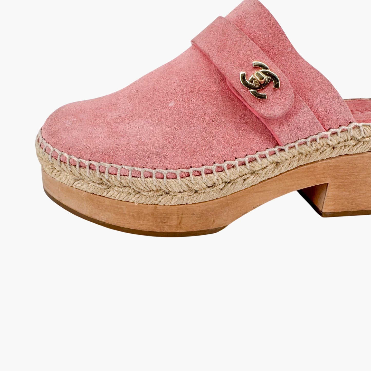 Chanel Turnlock CC Espadrille Clog Mules in Pink Suede Size 37
