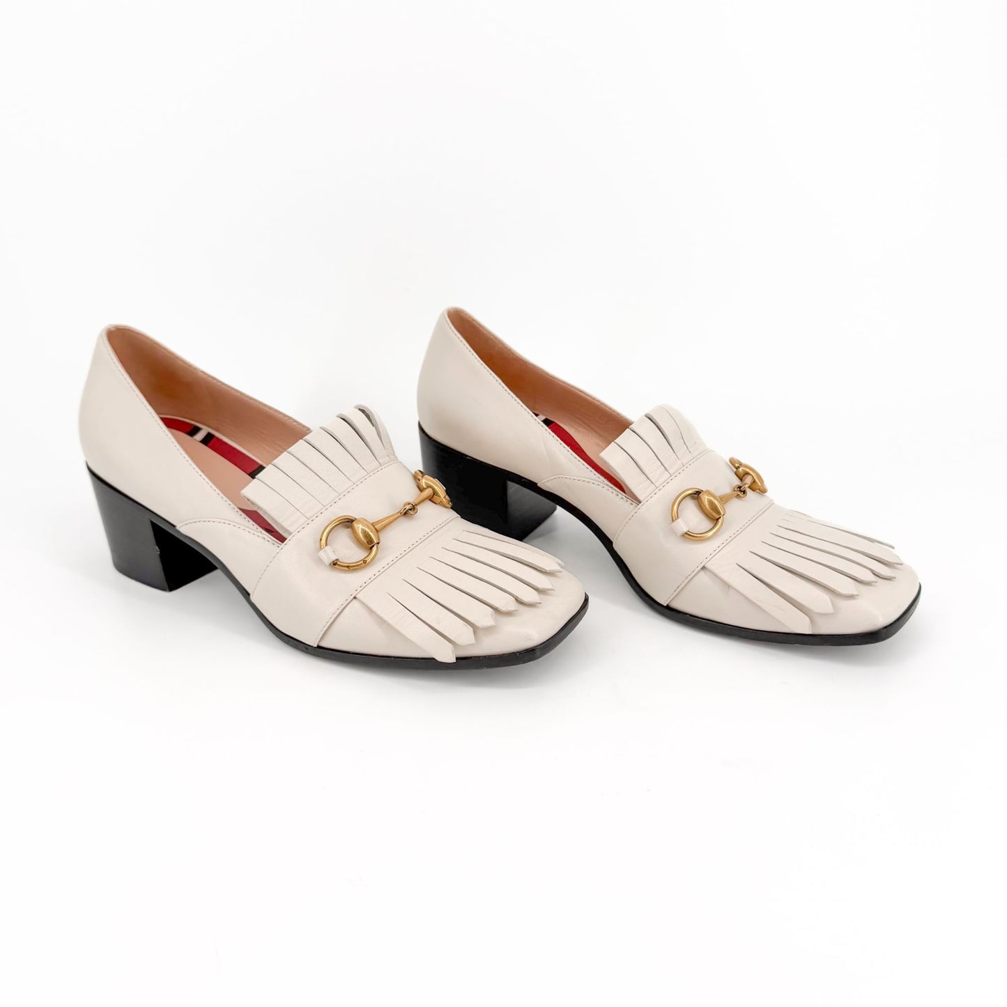 Gucci Horsebit Fringe Loafer Pumps White Leather Size 38