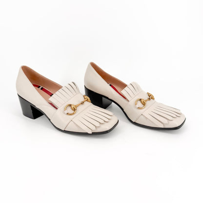 Gucci Horsebit Fringe Loafer Pumps White Leather Size 38