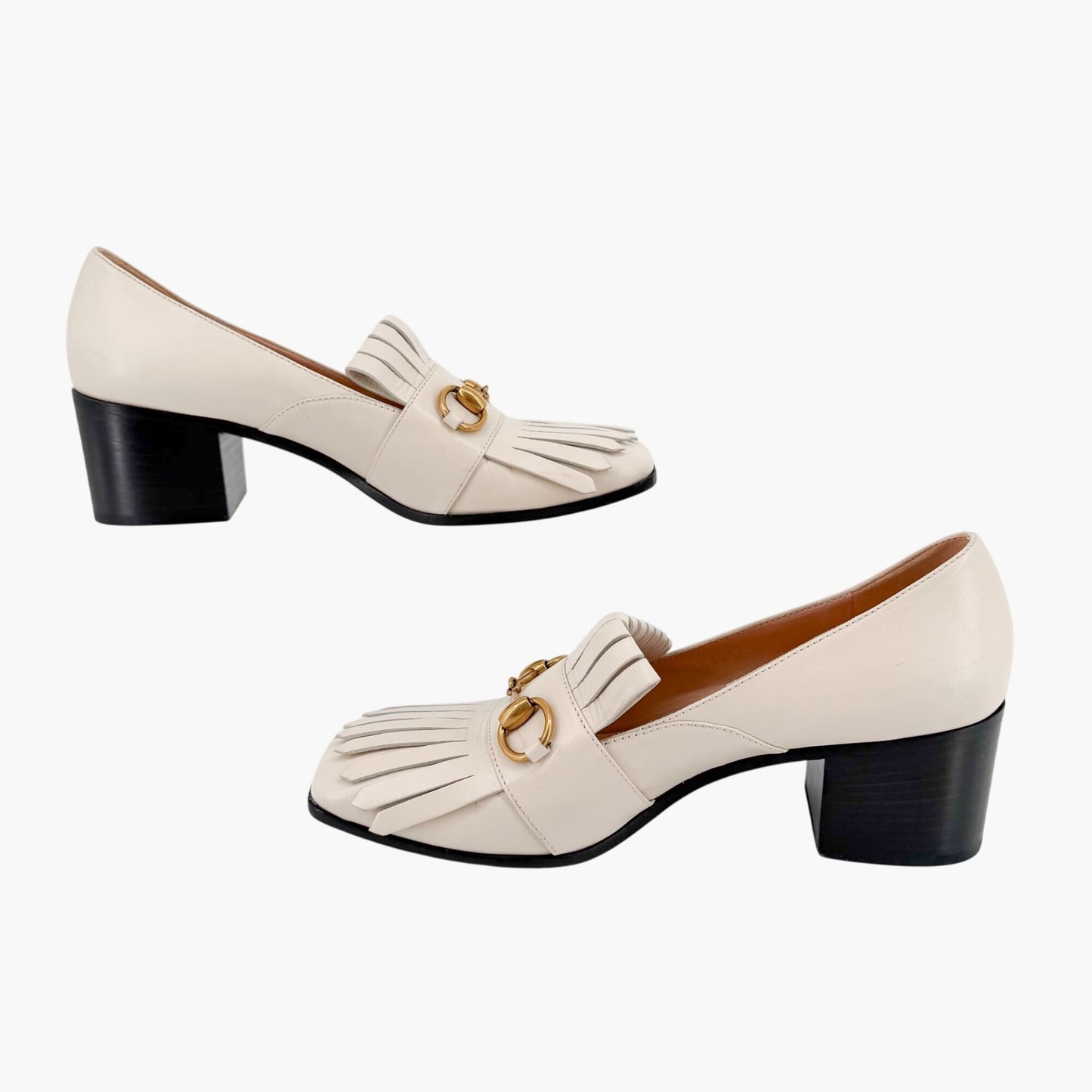 Gucci Horsebit Fringe Loafer Pumps White Leather Size 38