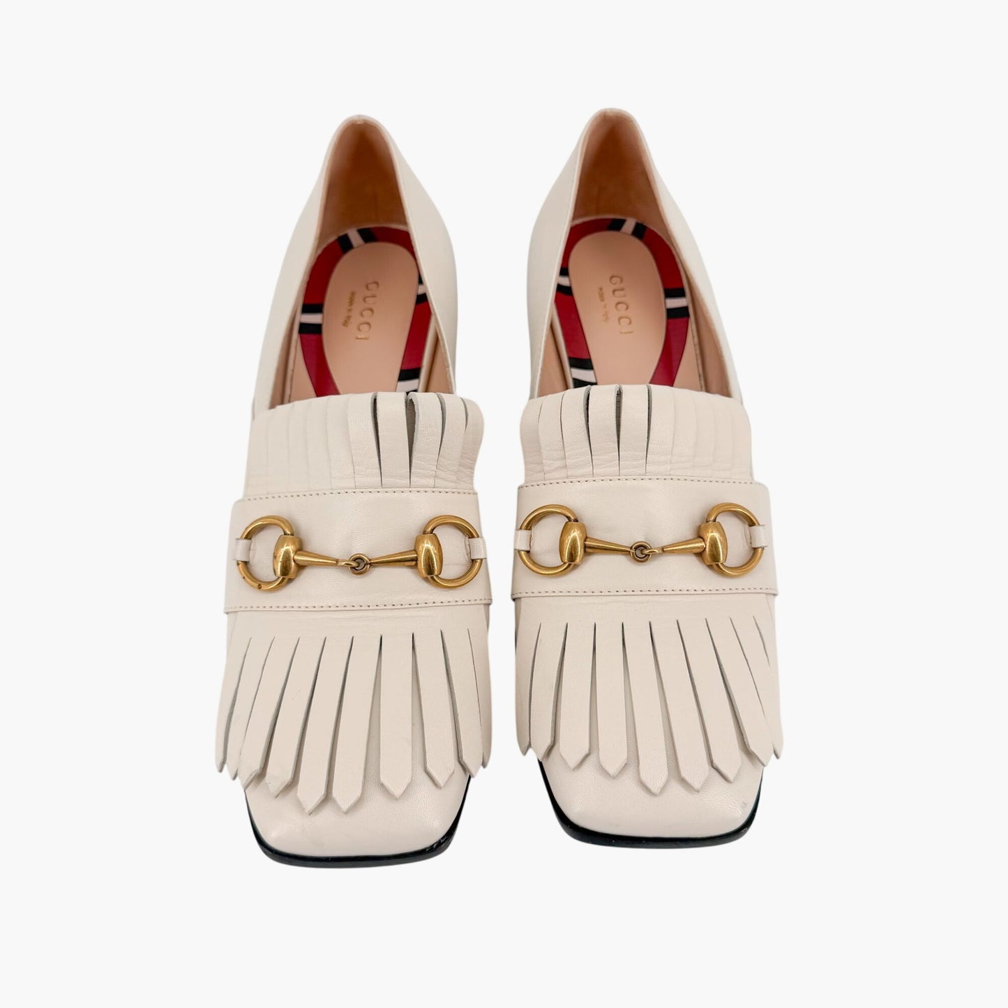 Gucci Horsebit Fringe Loafer Pumps White Leather Size 38
