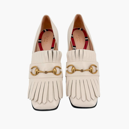 Gucci Horsebit Fringe Loafer Pumps White Leather Size 38