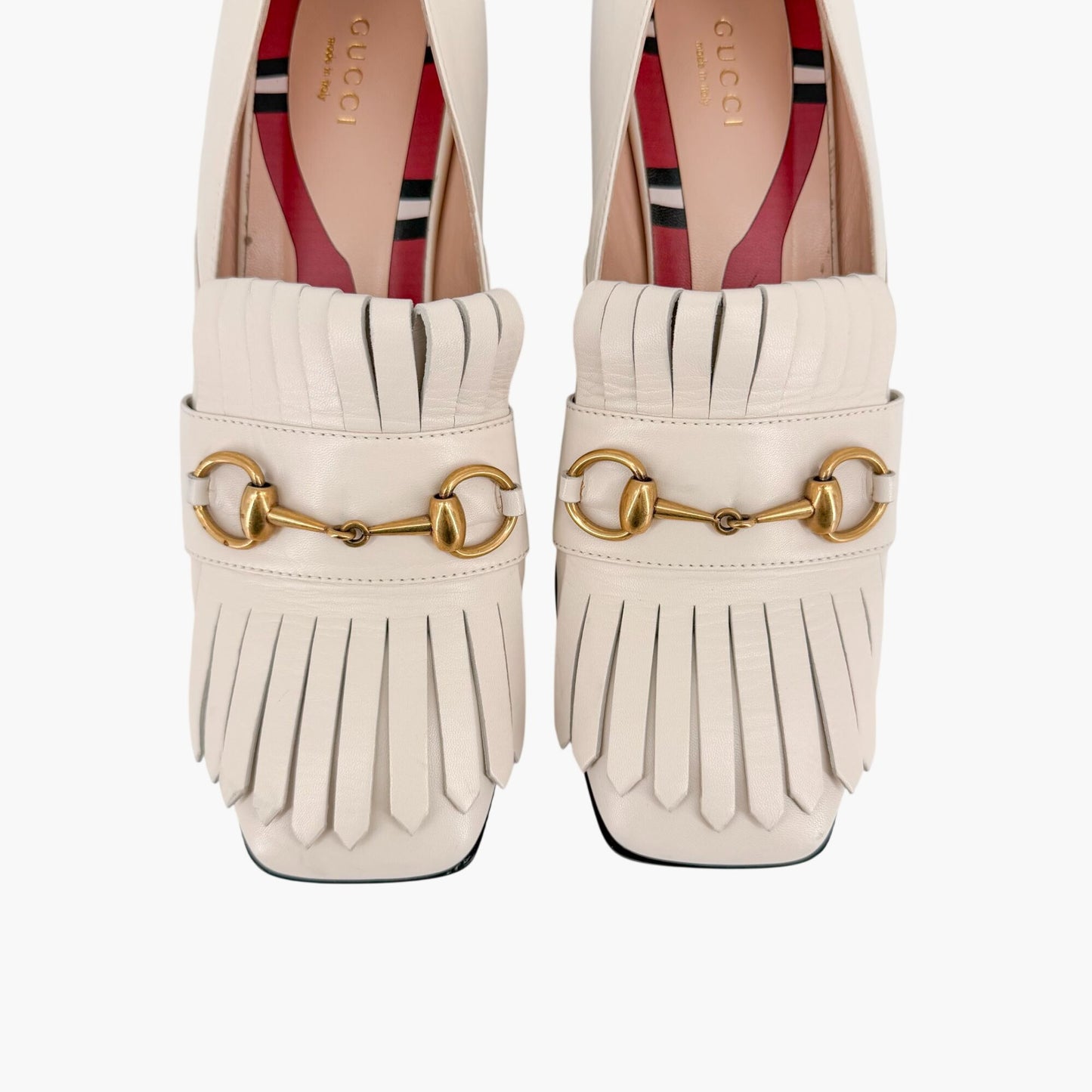 Gucci Horsebit Fringe Loafer Pumps White Leather Size 38