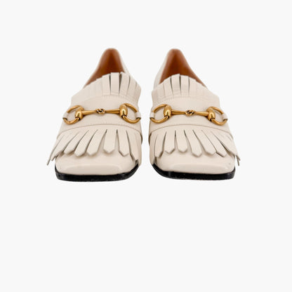 Gucci Horsebit Fringe Loafer Pumps White Leather Size 38