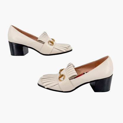 Gucci Horsebit Fringe Loafer Pumps White Leather Size 38