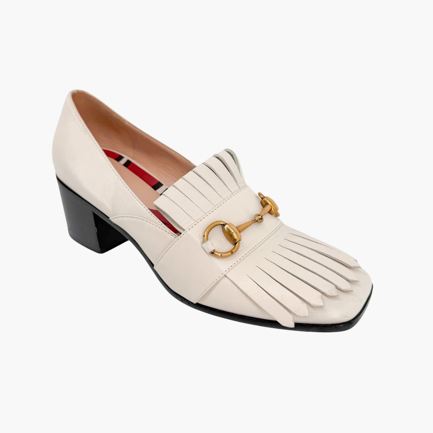 Gucci Horsebit Fringe Loafer Pumps White Leather Size 38