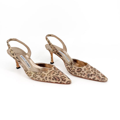 Manolo Blahnik Carolyn 70 Slingback Pumps Beige Leopard Size 38.5