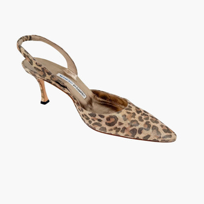 Manolo Blahnik Carolyn 70 Slingback Pumps Beige Leopard Size 38.5