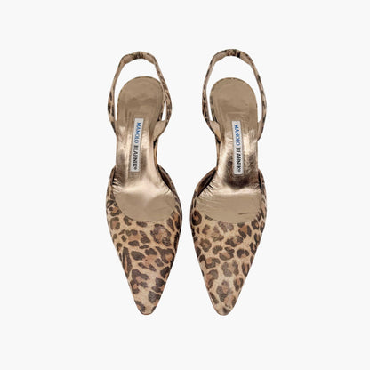 Manolo Blahnik Carolyn 70 Slingback Pumps Beige Leopard Size 38.5