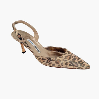 Manolo Blahnik Carolyn 70 Slingback Pumps Beige Leopard Size 38.5