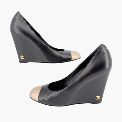 Chanel Cap Toe CC Wedge Pump in Black & Gold Leather Size 41