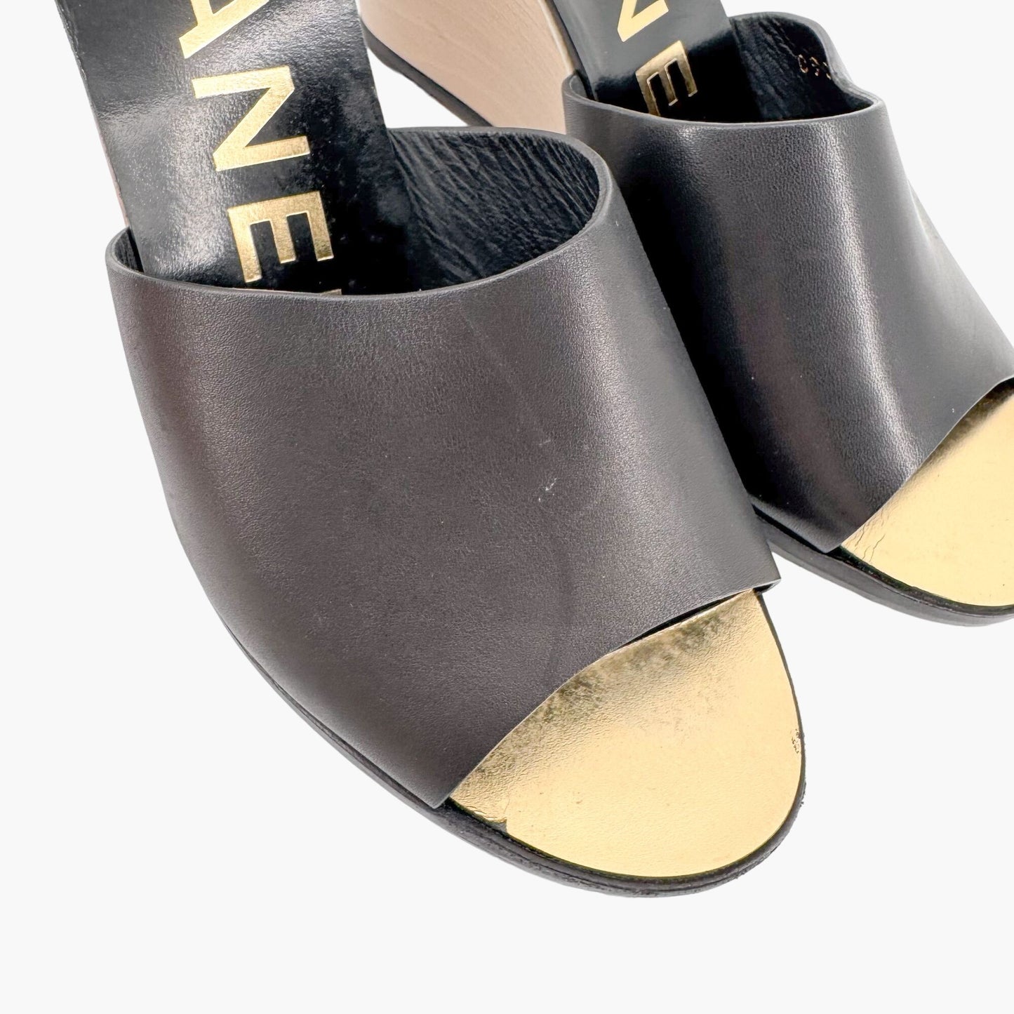 Chanel CC Wedge Heel Mule Sandals in Black Leather Size 38