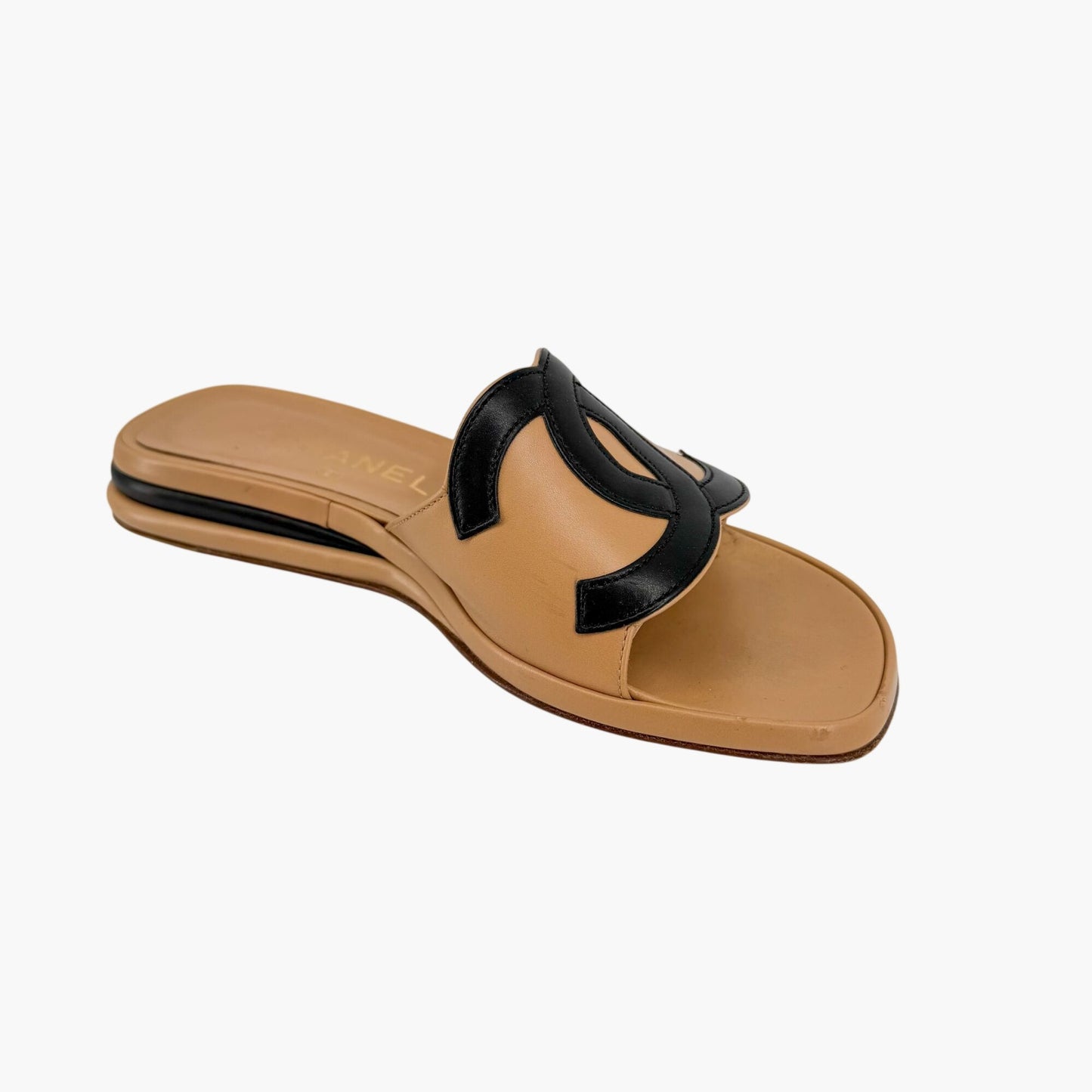 Vintage Chanel Cambon CC Slide Sandals Beige Black Size 37.5