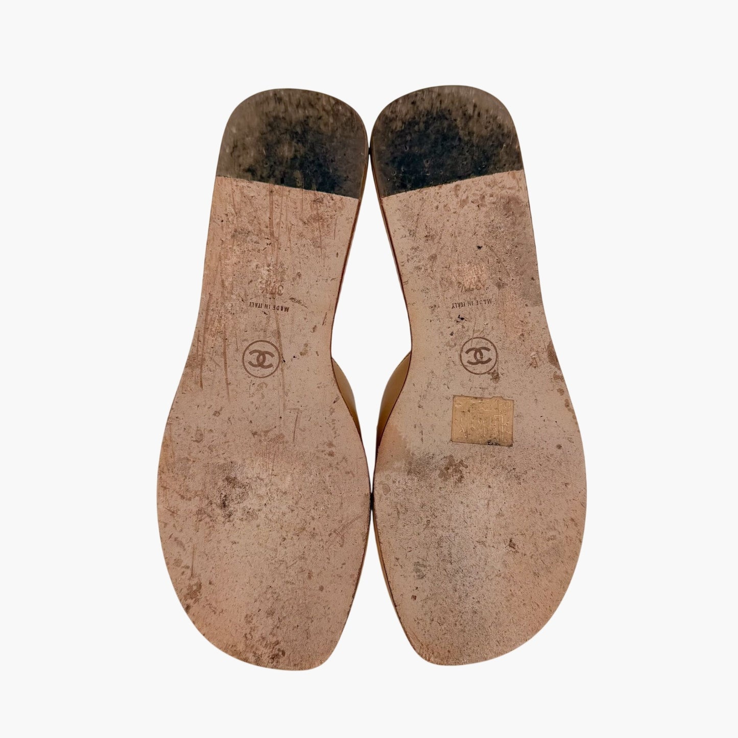 Vintage Chanel Cambon CC Slide Sandals Beige Black Size 37.5