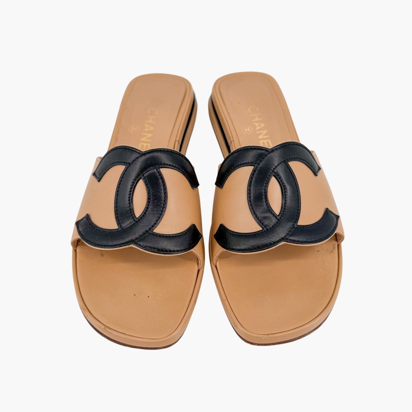 Vintage Chanel Cambon CC Slide Sandals Beige Black Size 37.5