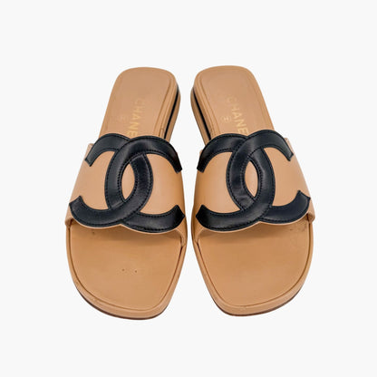 Vintage Chanel Cambon CC Slide Sandals Beige Black Size 37.5